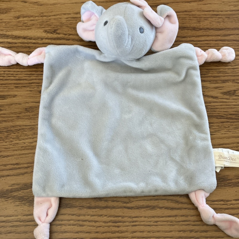 Dan Dee Elephant Gray Pink Rattle Baby Lovey Blanket‎ Knotted Corners 12" Square
